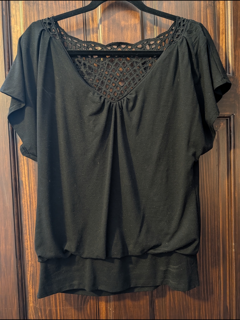 White House Black Market Black Crochet-Trim Short Sleeve Tunic